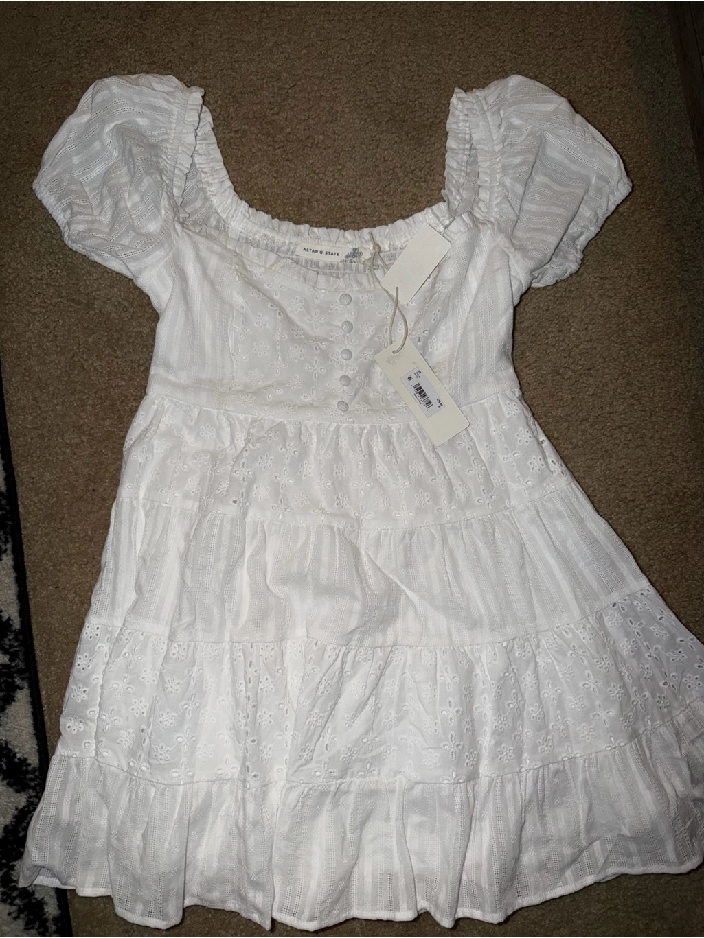 Altar'd State White Eyelet Puff Sleeve Tiered Mini Dress